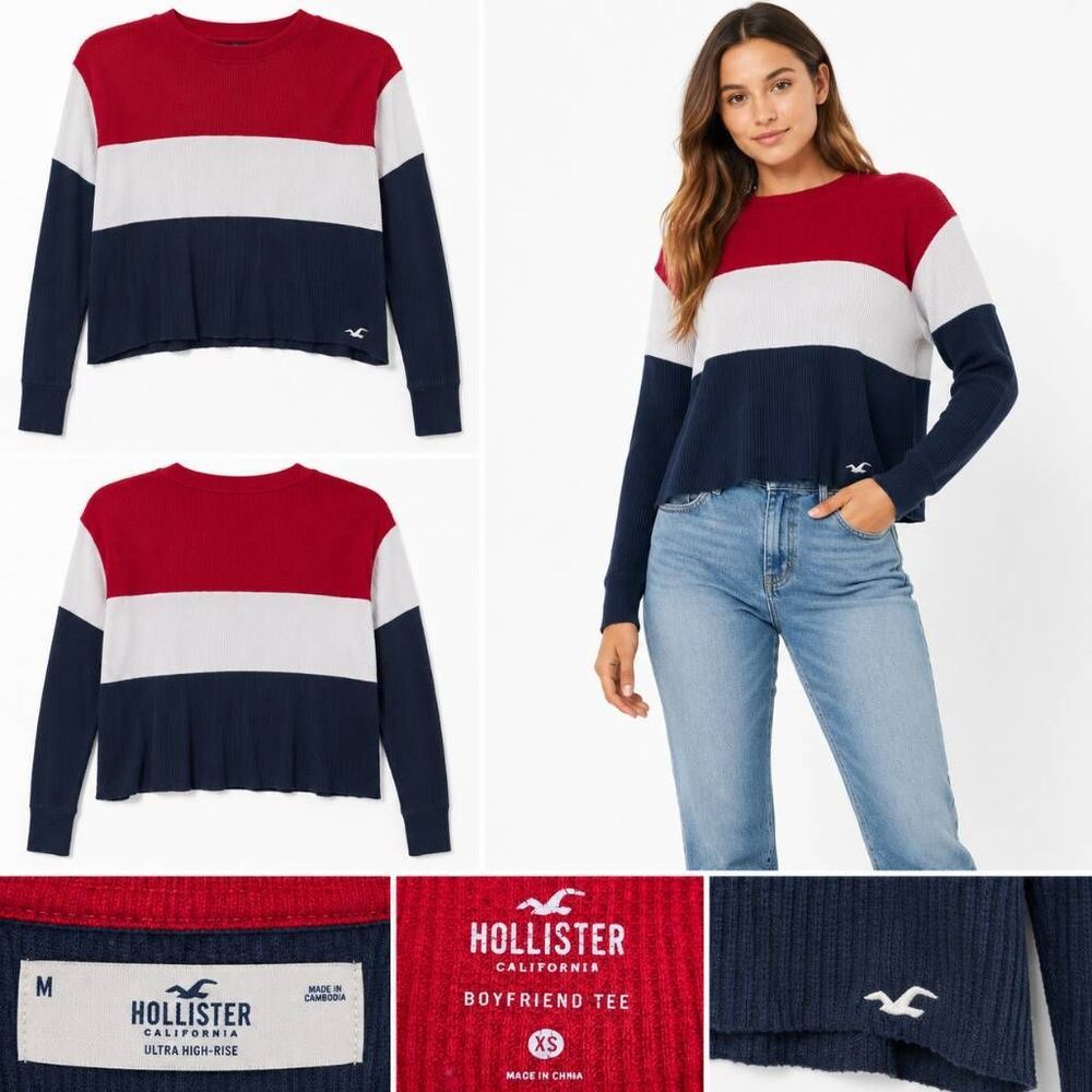 Hollister XS Colorblock Waffle Knit Top Red White Blue